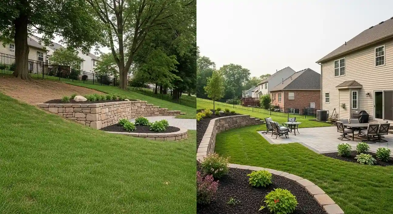 Sloped yard retaining wall